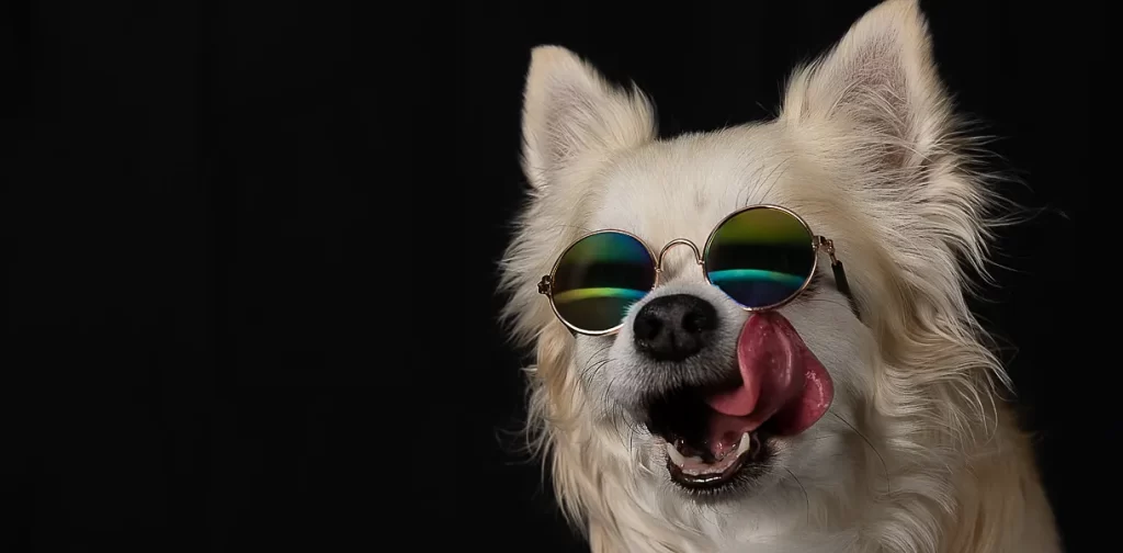 Pet dog studio photo wearing sunglasses and with her tongue out like saying yummy