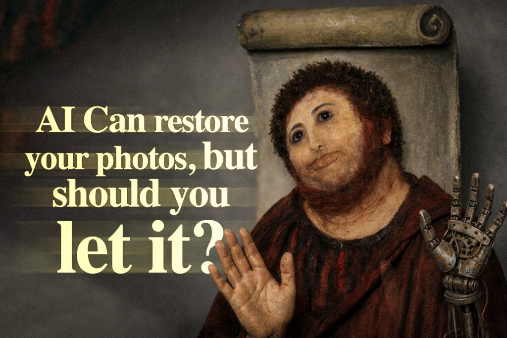 AI photo restoration example showing the Ecce Homo case used to question whether artificial intelligence should restore old photos, highlighting risks of AI image restoration versus professional human photo restoration.