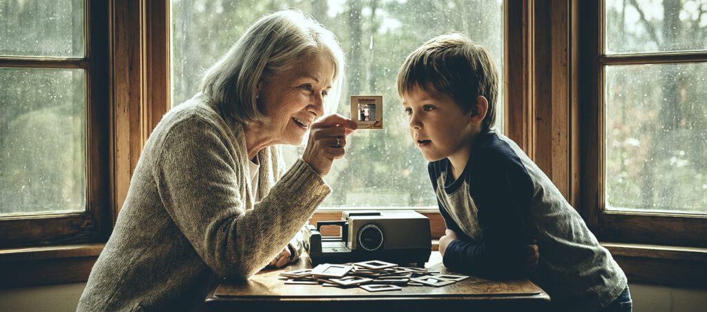 Grandmother showing a 35mm photographic slide to her grandson at a light table, illustrating professional slide digitising and archival slide scanning for preserving family memories.